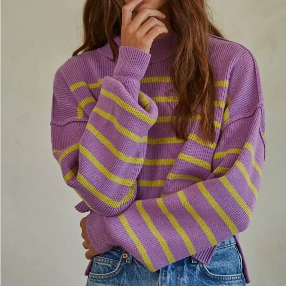 FREE PEOPLE Easy Street Stripe Cropped Sweater in Purple S